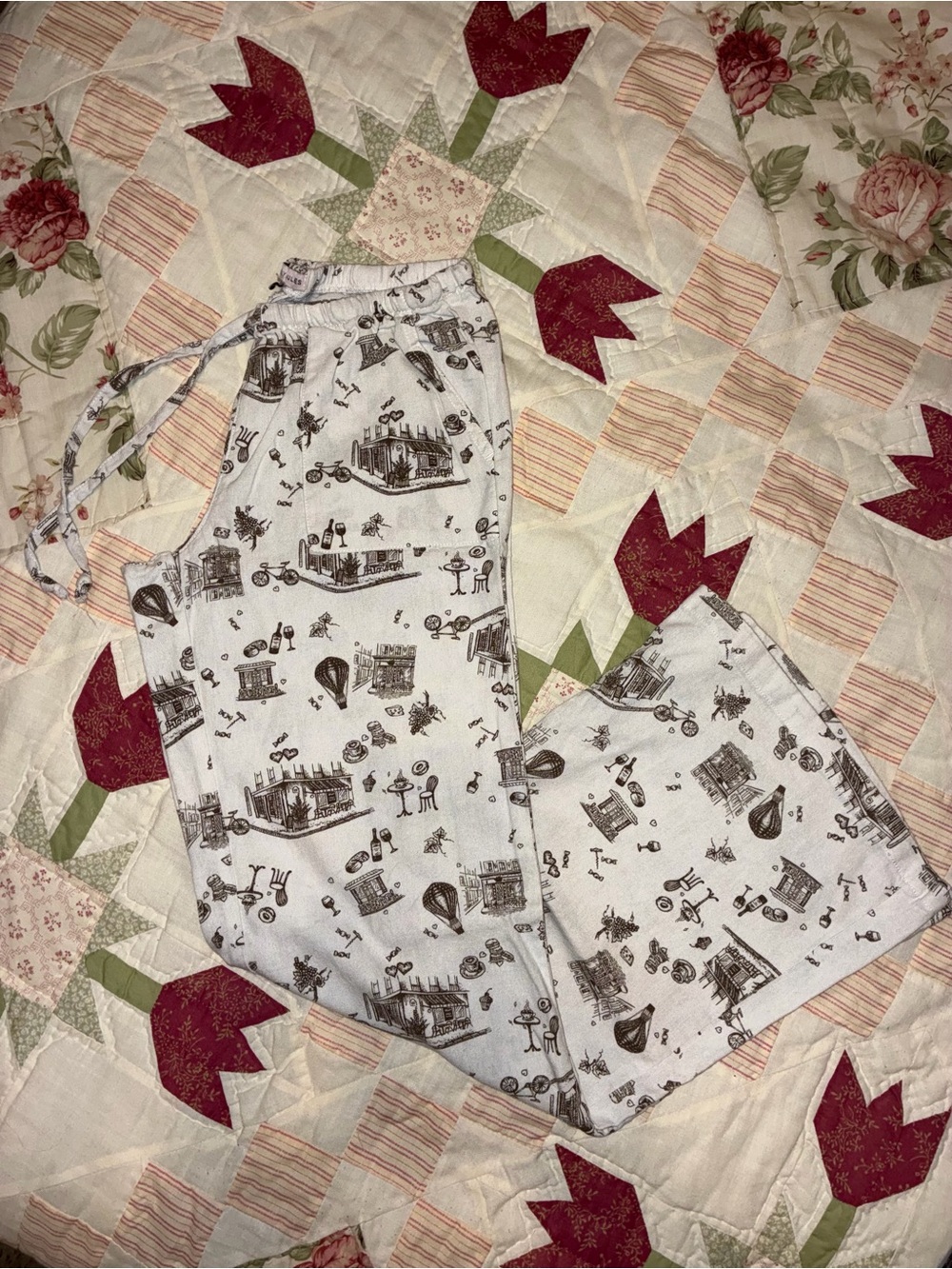 Linen Pants with Brown Paris Travel Print